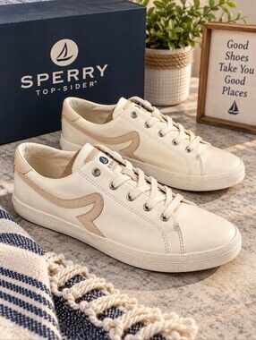 Sperry Sandy Leather White Sneakers NIB Women's Size 12 Casual Lace Up STS89203